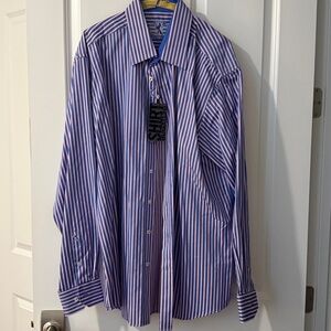 Bugatchi blue and pink Striped Shirt.  Classic fit.
